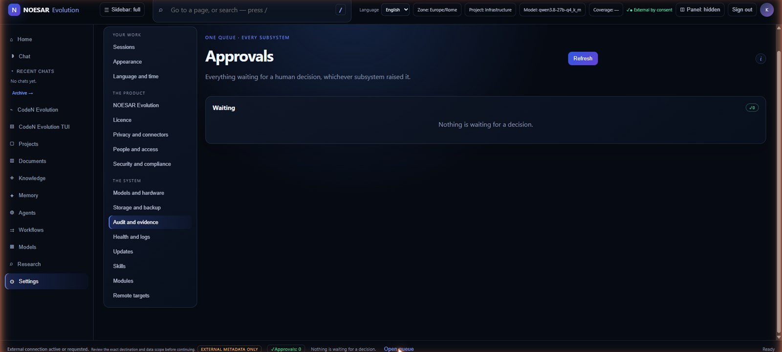 The Approvals queue, showing nothing waiting for a decision.