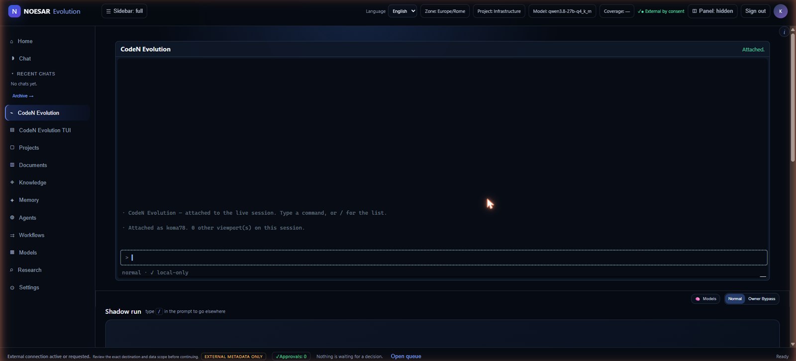 The CodeN Evolution coding agent attached to the live session.