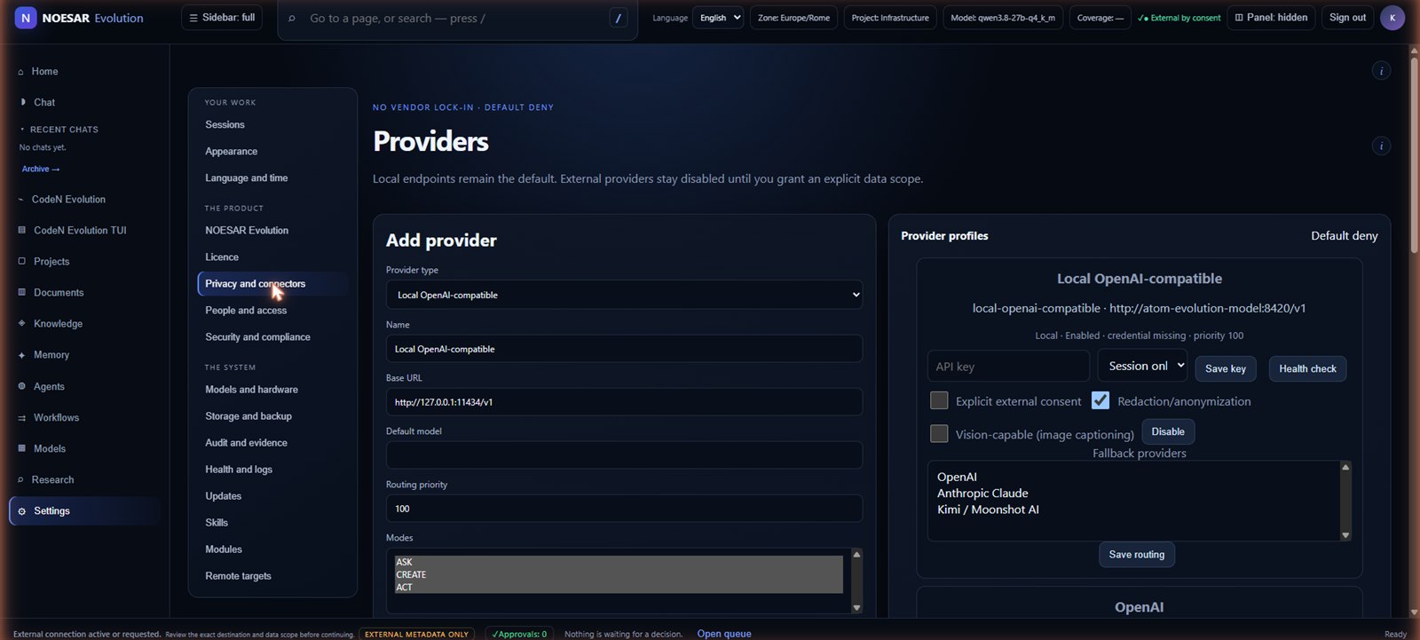 The Providers screen, showing local endpoints as the default.